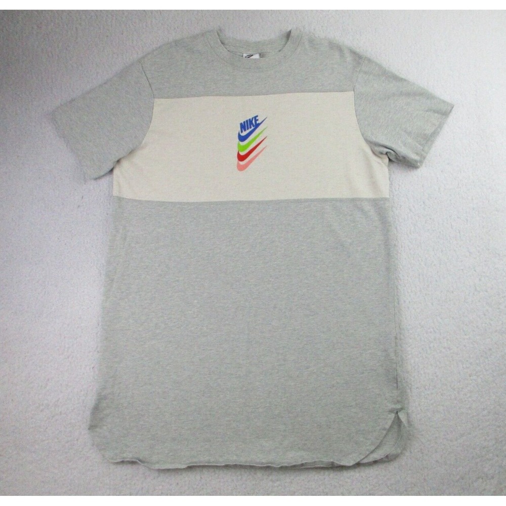 Nike DNA Stacked Swoosh T Shirt Dress Womens S Gray Ivory Short Sleeve Casual